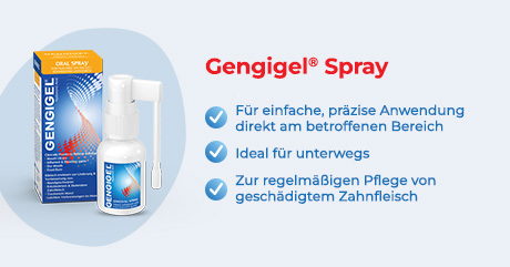 Gengigel Spray und Verpackung. Vorteile: einfache Anwendung, unterwegs, Zahnfleischpflege.